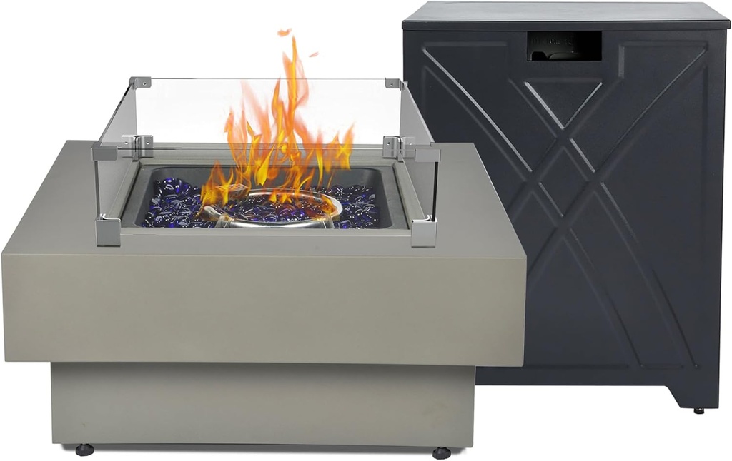 32.5-inch Outdoor Gas Fire Pit with 20lb Propane Tank Cover Table & Wind Glass Shield, 50,000BTU Propane Gas Fire Pits for Outside Patio w/Square Burner Lid, Glass Rocks