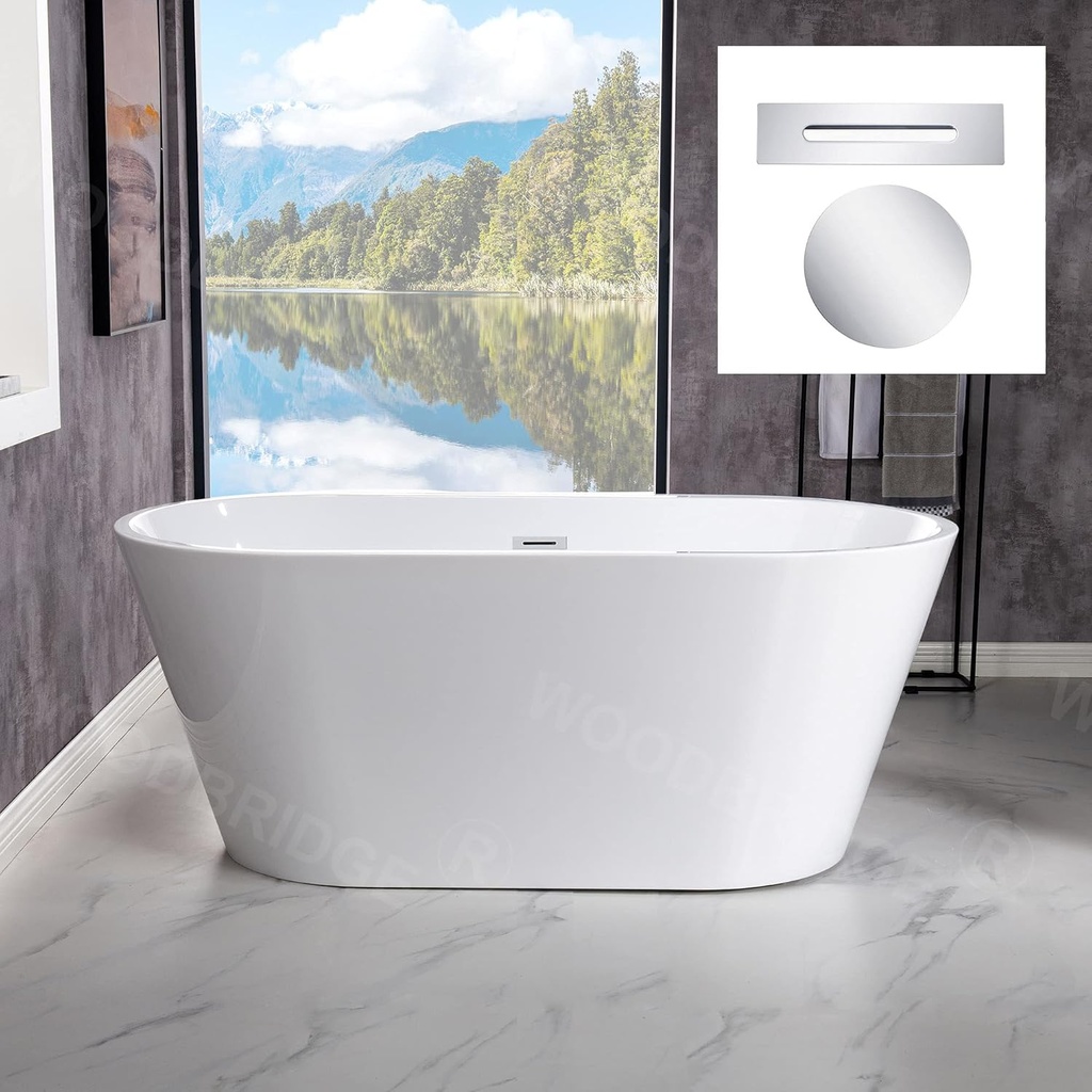 WOODBRIDGE White 54" Acrylic Freestanding Bathtub Contemporary Soaking Tub with Chrome Overflow and Drain, Without Faucet, BTA1702-C-Drain & O
