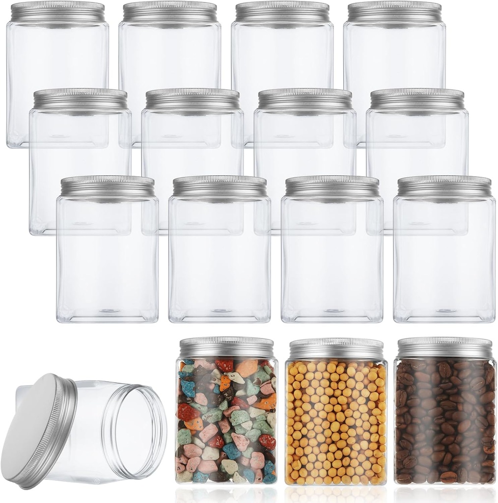 16PCS 17 Oz Clear Plastic Jars with Aluminum Lids, Plastic Mason Jars with Screw On Lids, Refillable Kitchen Jars Containers for Crafts, Herbs, Slime, Food