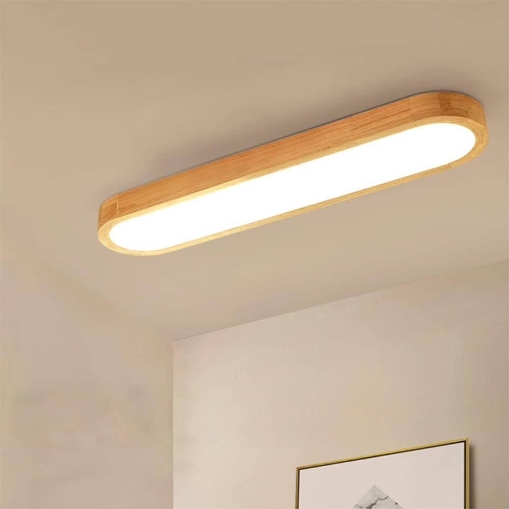 LITFAD 47" L Corridor LED Flush Ceiling Light Nordic Beige Ceiling Mount Lamp with Ellipse Wood Shade in Warm Light for Office Living Room Bedroom Hotel