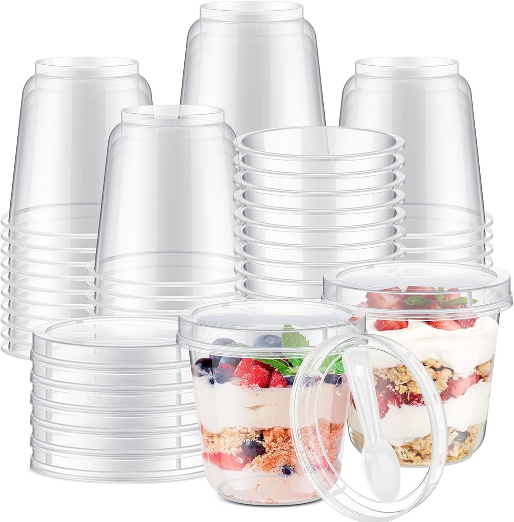 50 Pack 9.5oz Disposable Overnight Oats Containers with Lids and Spoons Clear Plastic Yogurt Cups Cake Fruit Jars for Food Storage Salad Ice Creams Pudding Snacks (Round Style)