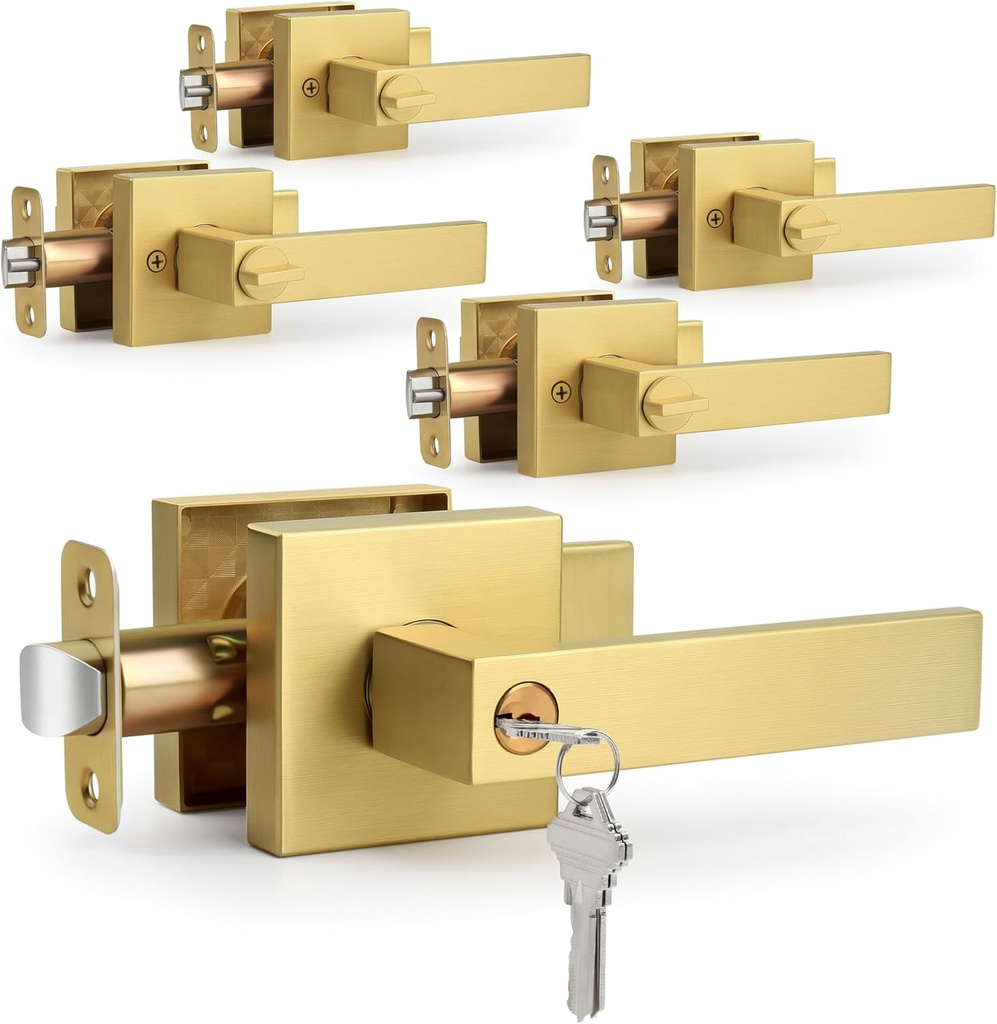 Brushed Gold 5 Pack Wholesale Keyed-Alike Keyed Entry Door Lever, Square Design Interior/Exterior Door Lever with Key and Lock, Reversible Handle for Entrance/Front Door Lock, Satin Brass