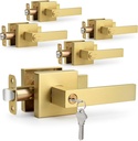 Brushed Gold 5 Pack Wholesale Keyed-Alike Keyed Entry Door Lever, Square Design Interior/Exterior Door Lever with Key and Lock, Reversible Handle for Entrance/Front Door Lock, Satin Brass