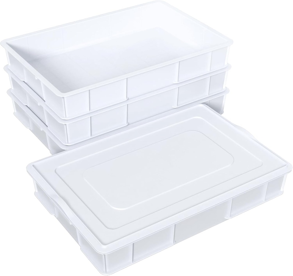 4-pack Stackable Dough Proofing Boxes with a Lid, Pizza Proofing Dough Trays, White, Commercial Grade, 23.7'' x 16.22'' x 3.74''