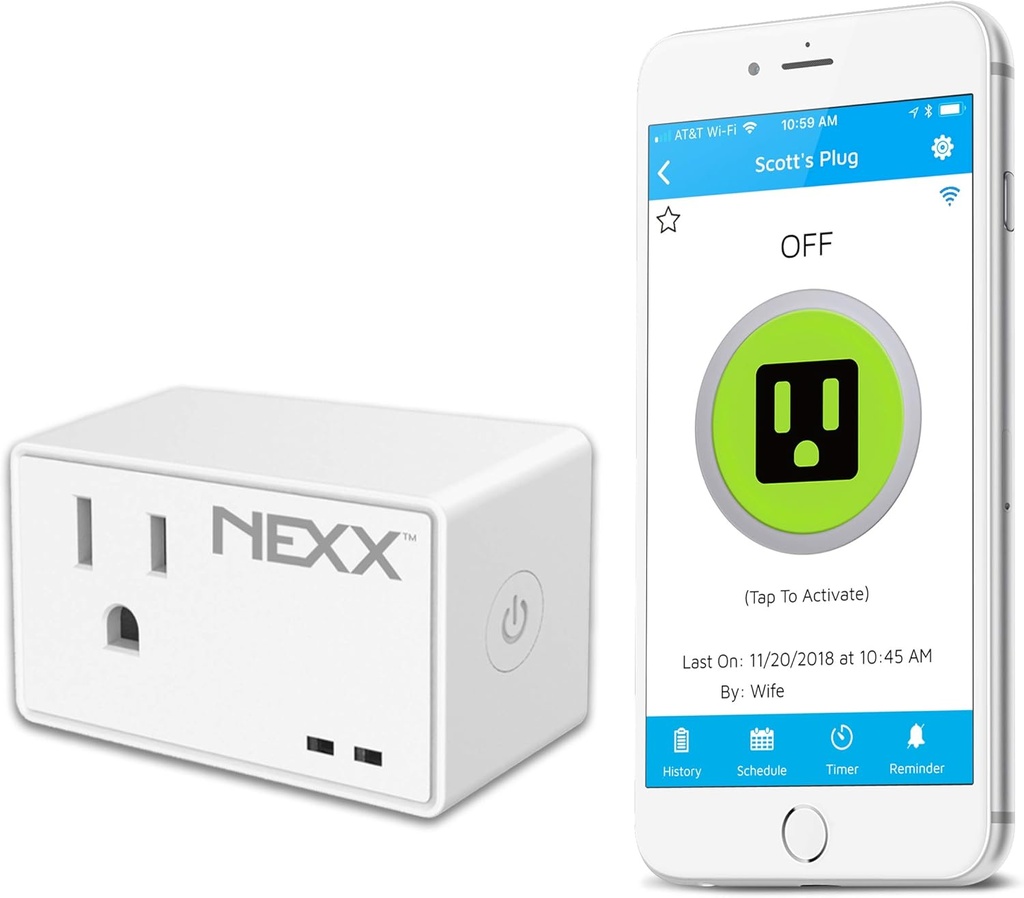 Nexx NXPG-100W WiFi Smart Plug with Geofencing Technology; Control, Schedule and Monitor Appliances, TVs, Lamps, and More Using Smartphone, Siri, Amazon Alexa, Google Assistant. No Hub Required, White