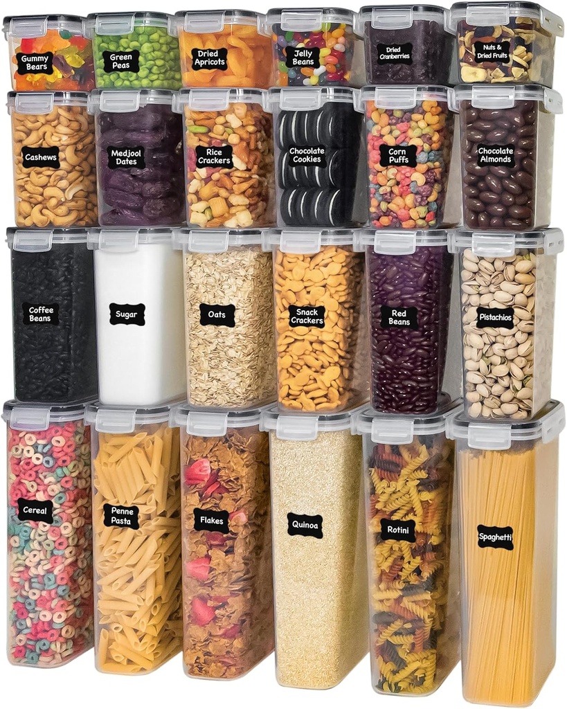 Freshware Kitchen Storage Containers with Lids, 48 PCS Airtight Food Storage Containers, Plastic Kitchen Containers, Pantry Containers for Cereal, Dry Food, Includes Labels, Marker & Measuring Spoons