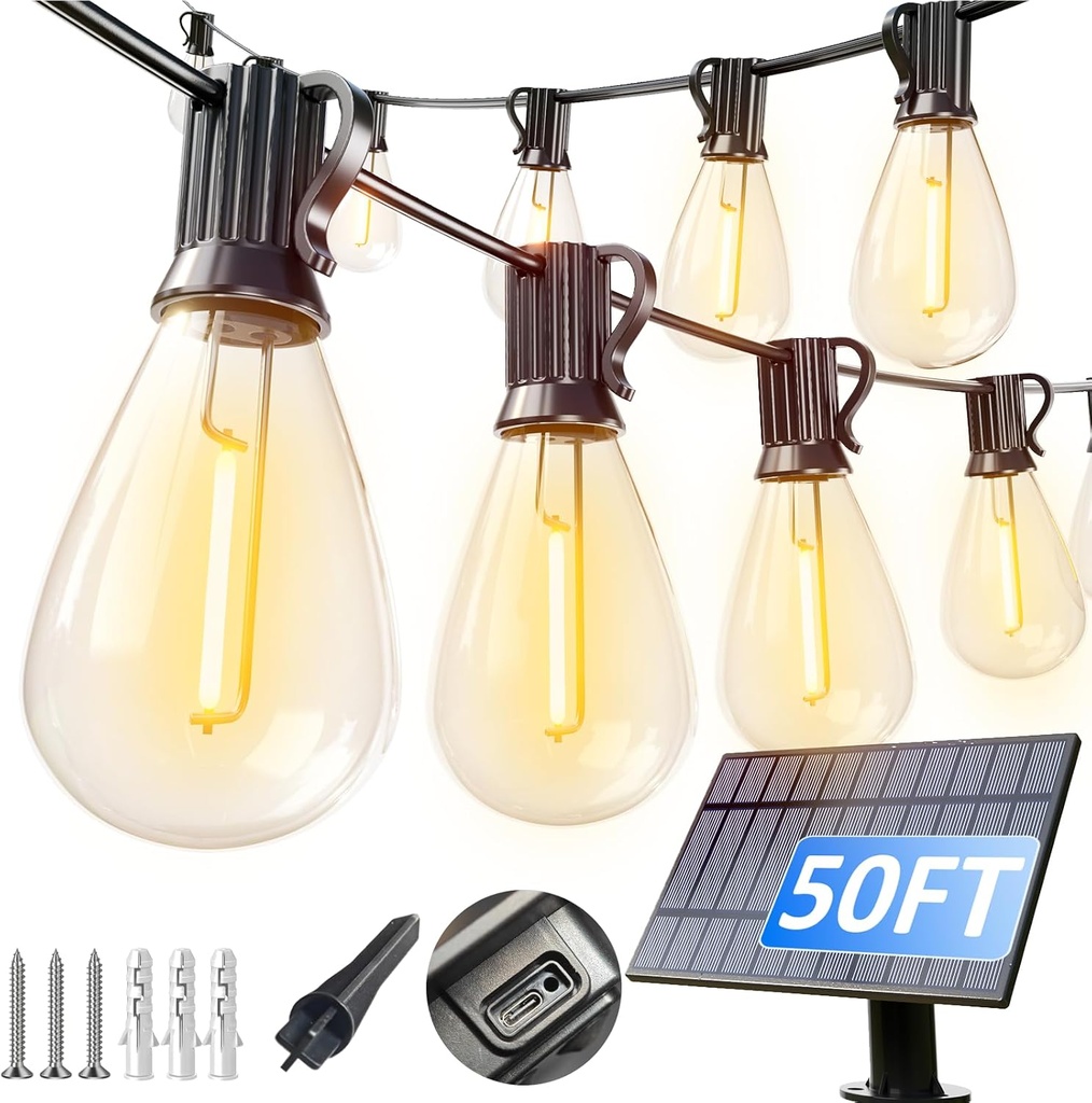luckystyle 50FT Solar String Lights Outdoor Waterproof with 18+1 LED Bulbs Long Last for 20+Hrs, Commercial Grade Shatterproof USB Patio Solar Powered Lights for Camping，Backyard, Garden, Porch Decor