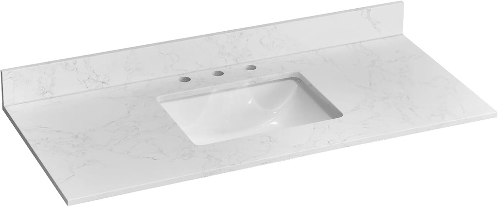 48x22 Vanity Top with Sink, Belly White Engineered Stone Counter Top with Middle Undermount Sink& Backsplash,8in. Faucet Hole Spacing Vanity Sink Top