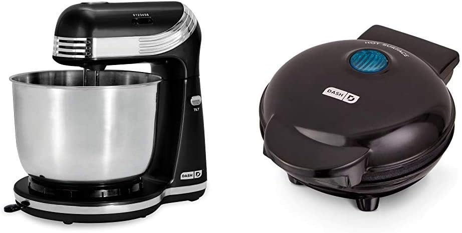 Dash Stand Mixer (Electric Mixer for Everyday Use): 6 Speed Stand Mixer with 3 qt Stainless Steel Mixing Bowl, Dough Hooks, Black & DMW001BK Machine for Individual, Paninis, Hash Browns, 4 inch, Black