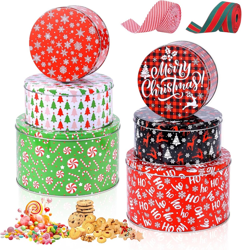6Pcs Christmas Cookie Tins with Lids, Holiday Cookie Jars Gift Giving with Gift Ribbons, Round Metal Boxes Nesting Containers Candy Tin Empty Christmas Tins for Cookies Baked Goods Holiday Treats