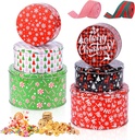 6Pcs Christmas Cookie Tins with Lids, Holiday Cookie Jars Gift Giving with Gift Ribbons, Round Metal Boxes Nesting Containers Candy Tin Empty Christmas Tins for Cookies Baked Goods Holiday Treats