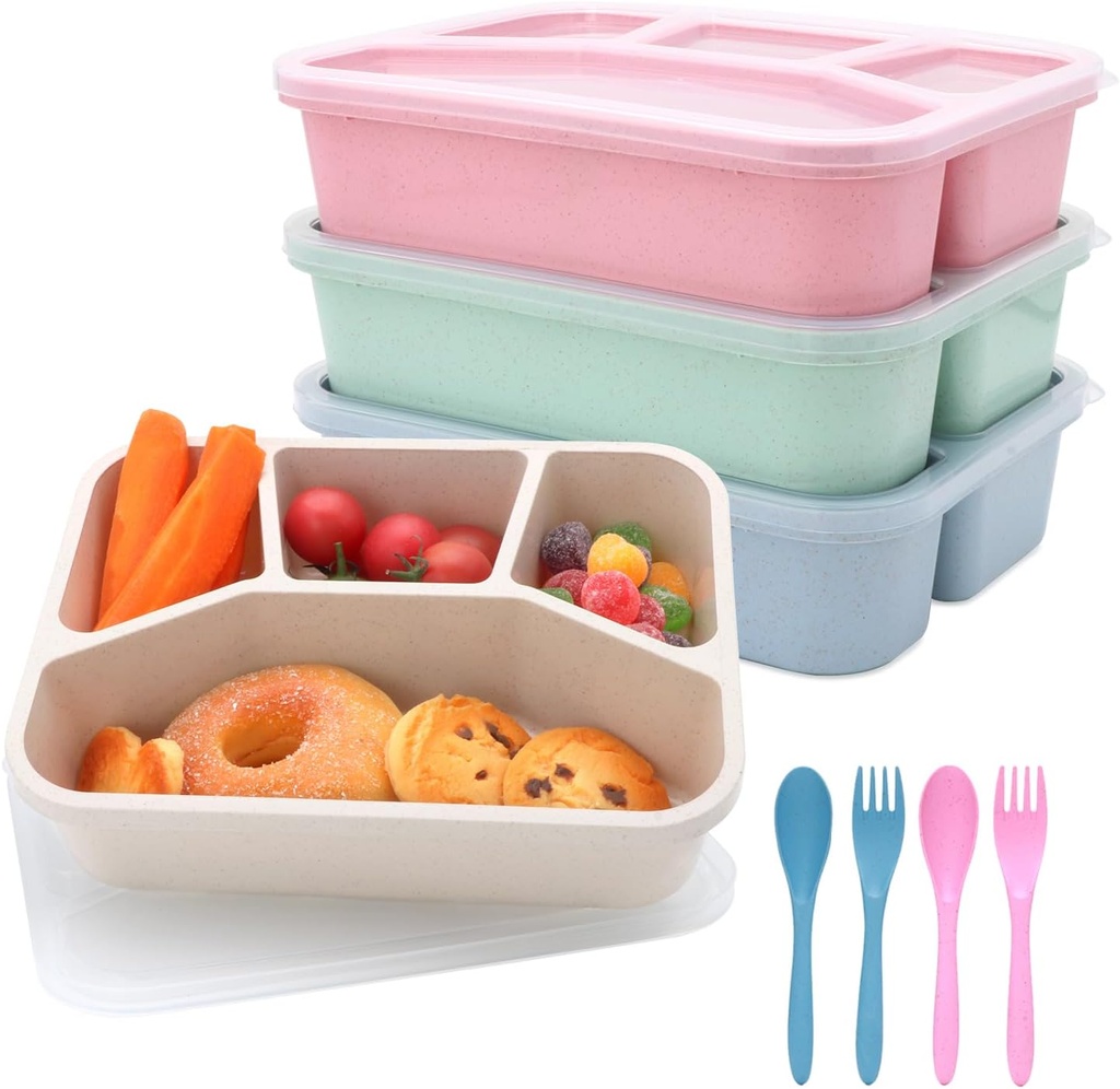 Bento Box Adult - 4 Pack Reusable Stackable Snackle Box Container with Lids,4 - Compartment Snack Box Lunch Container for Meal Prep,Food Storage,Office,Travel & Picnic(Green/Blue/Pink/Beige)