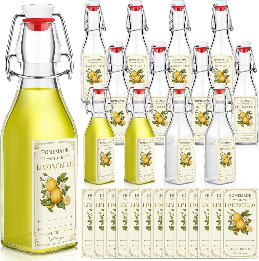 Havawish 12 Sets Limoncello Swing Top Glass Bottles for Homemade 8 oz Flip Clear Top Lemoncello Bottles with Labels Stoppers for Home Brewing Gifts Wedding Christmas Party Favors(Square)