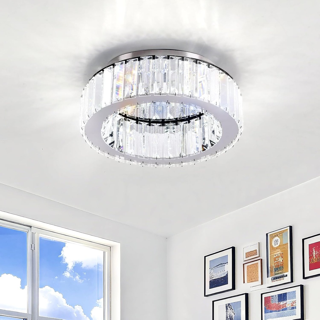 Modern Crystal Ceiling Light 11.8 inch-24W Round LED Crystal Chandelier Ceiling Lights with Mirror Stainless Steel Base Small Flush Mount Lighting Fixtures Bedroom Kitchen Living Room, 6500K