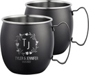 Personalized Custom Smooth Finish Black Moscow Mule Mugs with Custom Wedding Heart Borders Monogram Engraved Bar Style Cup, 16 oz | Set of 2
