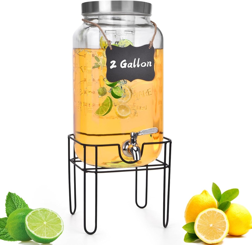 2 Gallon Glass Drink Dispenser, Drink Dispenser for Parties, Beverage Dispenser with Stand, Fruit Infuser, 100% Leakproof Spigot, Ideal for Lemonade, Juice, Iced Tea, Laundry Detergent Dispenser