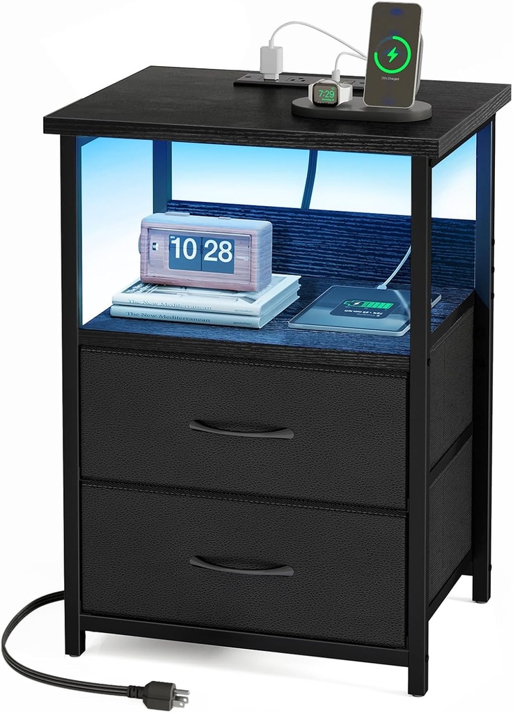 Fixwal Night Stand with Charging Station, LED Nightstand with U-S-B Ports and Outlets, 2 Fabric Storage Drawers with PU Finish, Small Bedside Table, Black