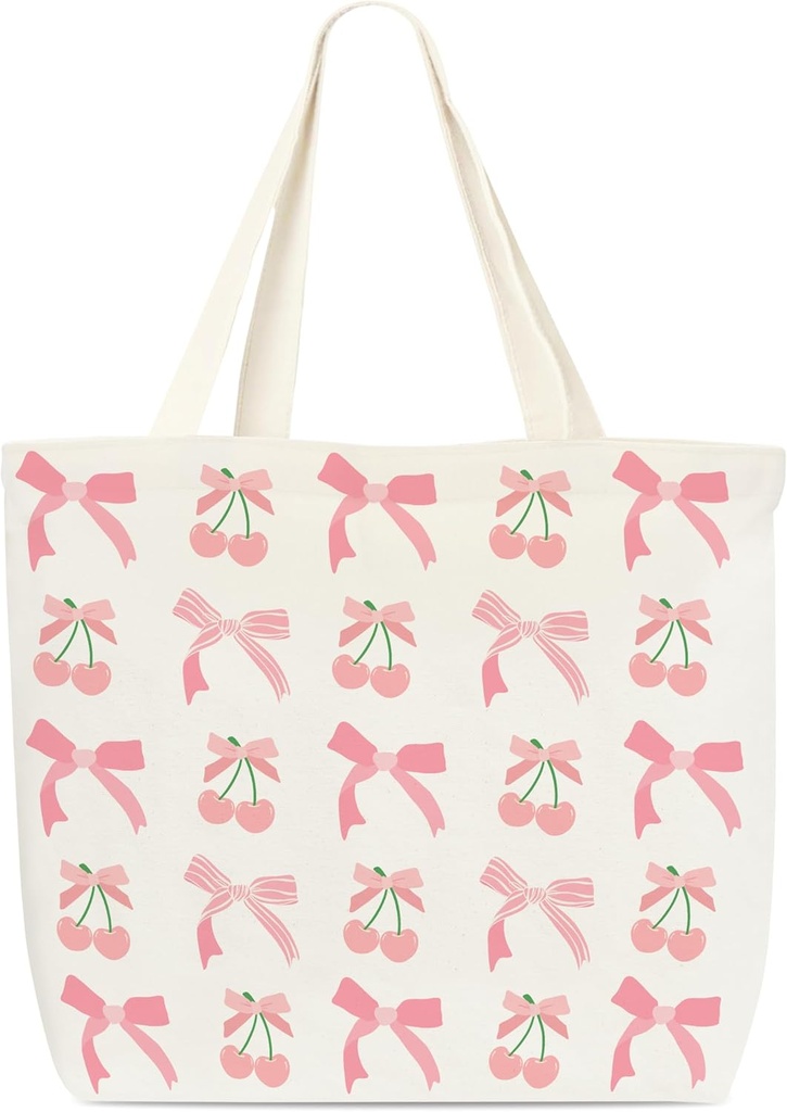 Pink Bow Tote Bag For Women, Cute Coquette Canvas Tote Bag, Reusable Grocery Shopping Bag, Gifts For Women Girls