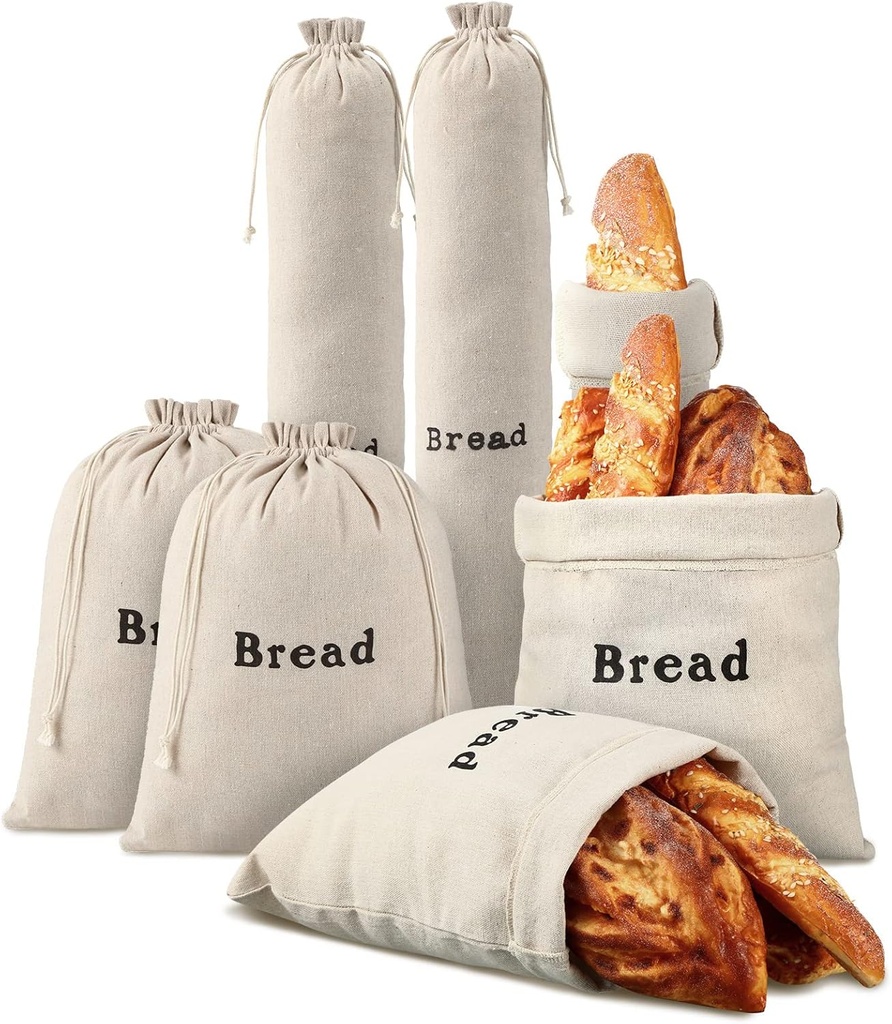 6 Pcs Linen Bread Bags Reusable Bread Bags for Homemade food Large Drawstring Artisan Homemade Food Storage Wedding Gift for Home Bakery, 12 x 15'', 6 x 26''