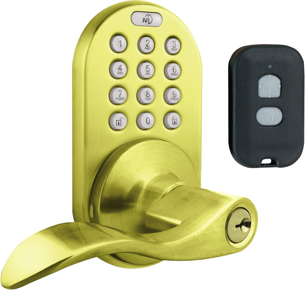 MiLocks XKL-02P Digital Lever Handle Door Lock with Keyless Entry via Remote Control and Keypad Code for Interior Doors, Polished Brass