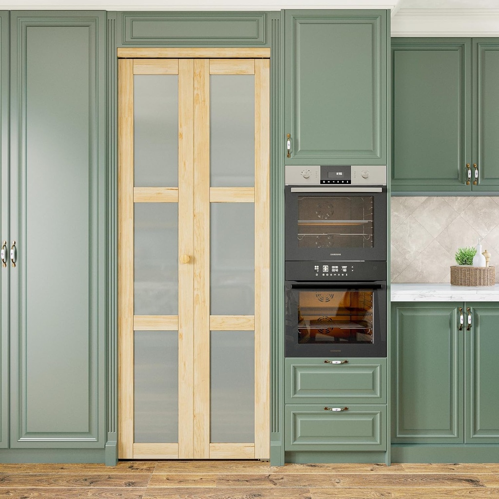 30" x 80" Bifold Closet Door, 3 Panel Tempered Frosted Glass Folding Door Slab, Multifold Interior Door (77.75" High Panels & Hardware & Fascia & Knob) Primed & Paintable, Pine Wood