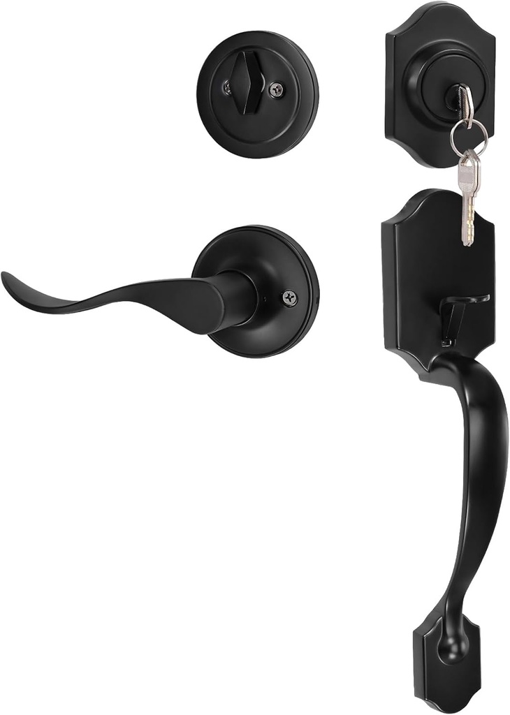 Front Door Handle and Deadbolt Set, Matte Black Front Door Lock Set, Exterior Door Lock Set, Entry Locksets with Deadbolt Single Cylinder, Reversible for Right & Left