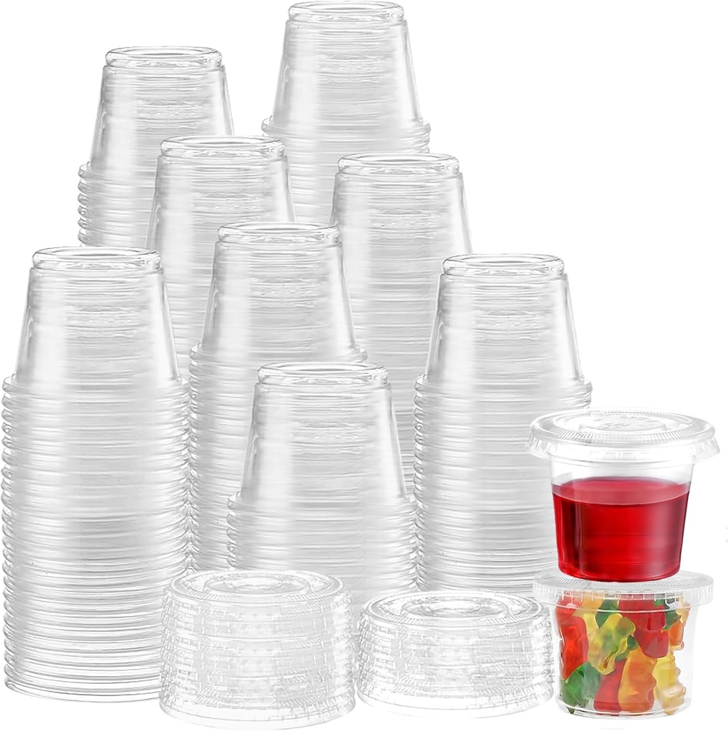 TashiBox 400 Sets - 1 oz Portion Cups with Lids, Disposable Plastic Cups for Sauce,Portion Control, Salad Dressing, & Medicine, Small Plastic Condiment Container