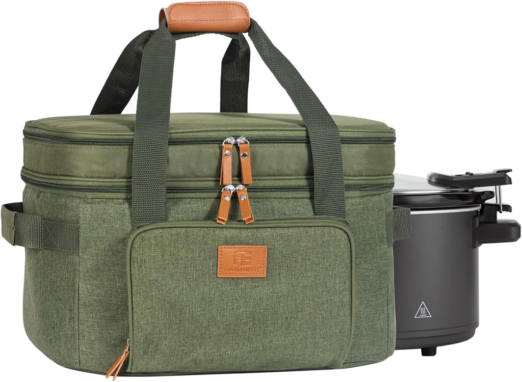 FUN ELEMENTS Double Layer Slow Cooker Carrying Bag for 6-8 Quart Oval CrockPot, Insulated Travel Carrier with Support Pad and Adjustable Straps, Top Zip Compartment and Front Pocket for Utensils,Green