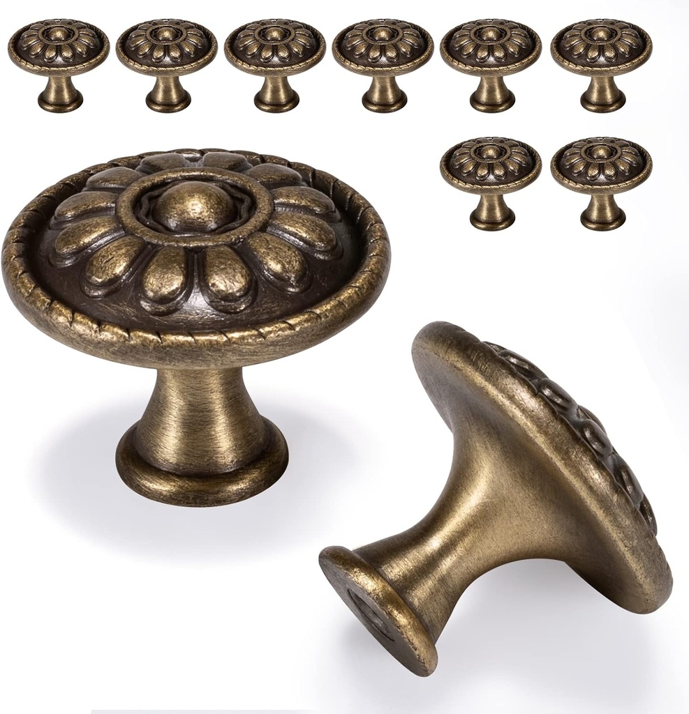 10 Pack Antique Brass Cabinet Knobs, Vintage Retro Drawer Knobs, Solid Round Dresser Knobs for Nightstands Single Hole Cabinet Hardware, Diameter 1.18in