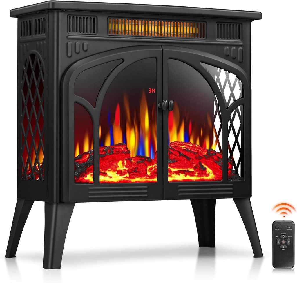 ZAFRO 24-inch Electric Fireplace Heater, 5100 BTU Freestanding Portable Electric Fireplace Stove with Remote Control & Timer, Adjustable Flame Color, 500W/1500W, Black
