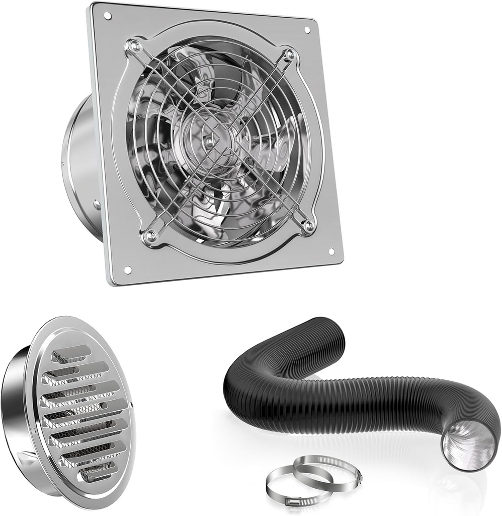 HG Power 6 Inch Exhasut Fan Kit - Metal Exhaust Fan, Stainless Steel Round Vent, 16-feet Flexible Air Ducting for Kitchen, Garage, Basement, Chicken Coop, Workshop, Greenhouse Ventilation Use