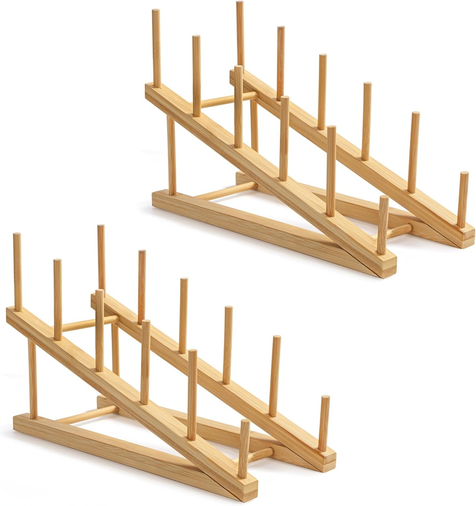 HBlife Bamboo Wooden Dish Drying Rack for Kitchen Counter, 2 PCS Dish/Book/File/Plate/Bowl/Cup/Cutting Board/Pot Lid Organizer for Kitchen, Office, Display Cabinet, Grocery Store, Supermarket