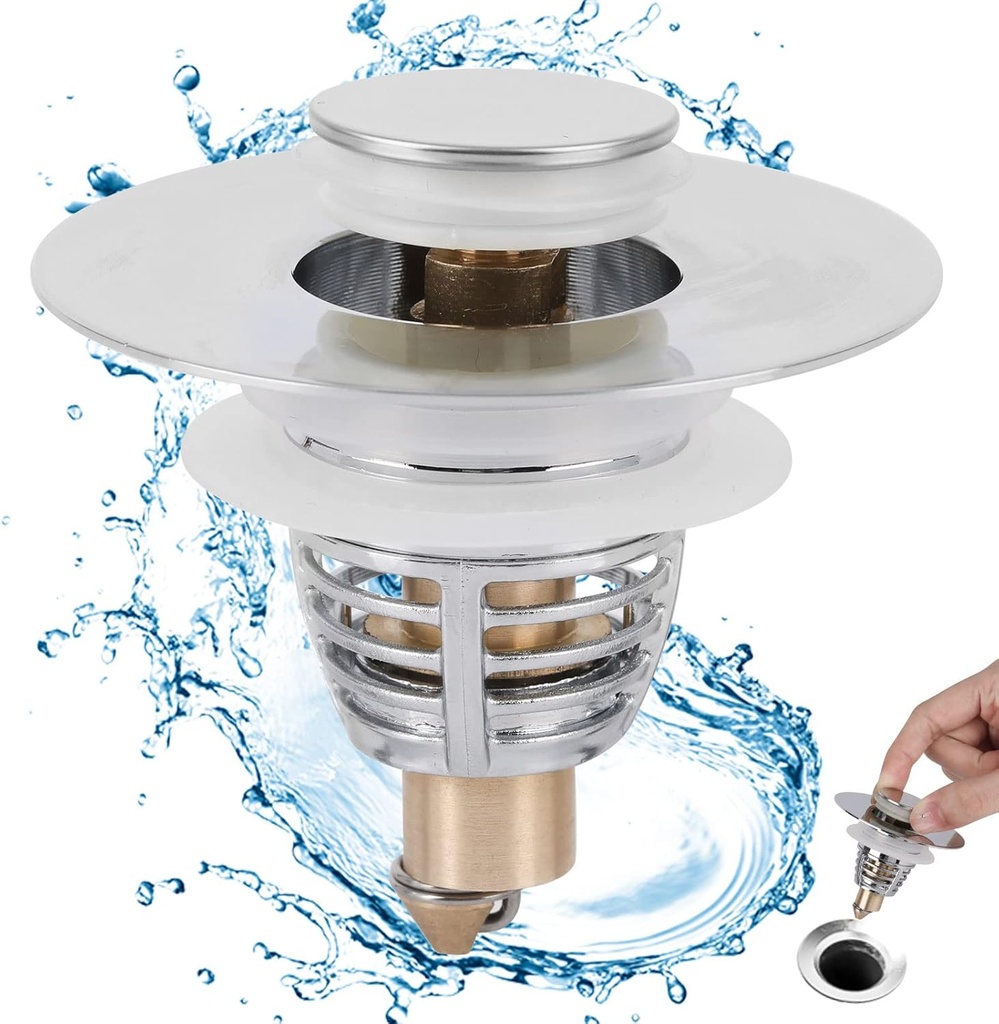 Universal Bathroom Sink Plug, Silver, Suitable for 1.25"-1.65" Sinks, Stainless Steel & Brass, Push Type, Anti-Clog Basket, Easy Install