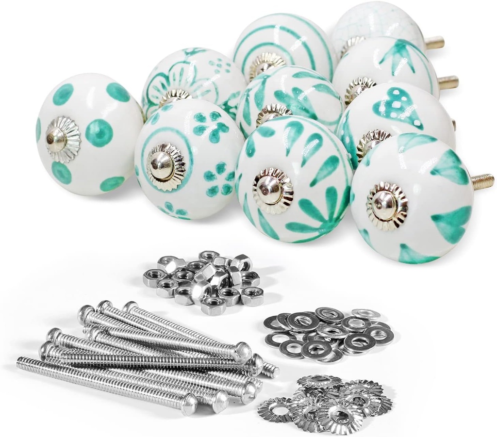 India Artistic Ceramic Cabinet Pull Knobs (Set of 10) Multipurpose Drawers for Kitchen Boho Cabinet, Pull Interior Door & Drawer, Wardrobe, Cupboard Vintage Rust Free Knobs - Green & White Color
