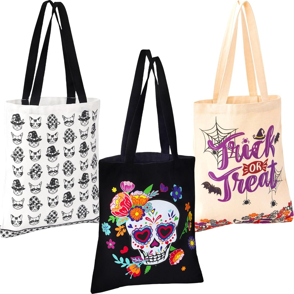 VOOVA & MOVAS Halloween Tote Bags, 3PC Trick or Treat Canvas Bags (11"x13"), Canvas Gift Bags for Shopping & Grocery, Black and White Reusable Tote Bag for Kids/Women/Men (Cat, Skull, Candy)