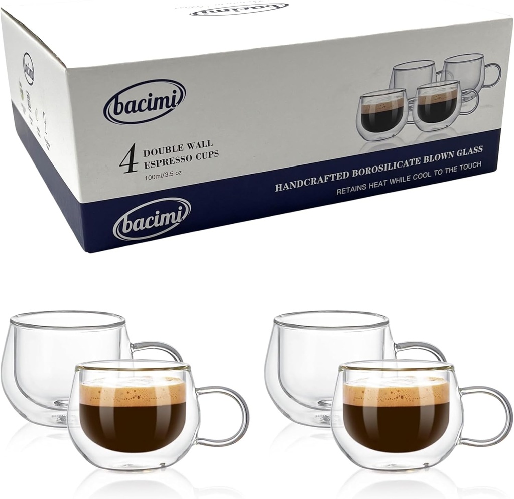 Bacimi® Double Wall Insulated Espresso Coffee Cups 3.5oz Clear Borosilicate Cup with Handle - Thermal Drinking Cups for Espresso, Cappuccino, Latte, Tea, Hot Beverage, Wine - Microwave Safe Set of 4