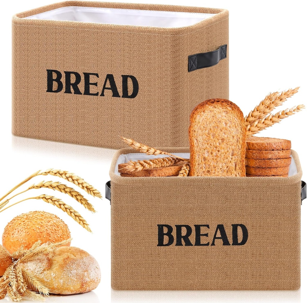 2 Pcs Bread Storage Bin Set- Burlap Basket for Keeping Bread, Rolls and Other Items for Kitchen Counter or Pantry