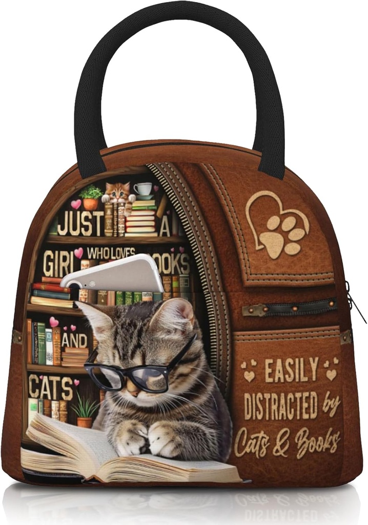Cute Cat Lunch Box for Women Reusable Funny Cats Reading Books Lunch Boxes Insulated Cute Animal Cat Lover Lunch Tote Bag for Men & Women Office Work Travel Picnic