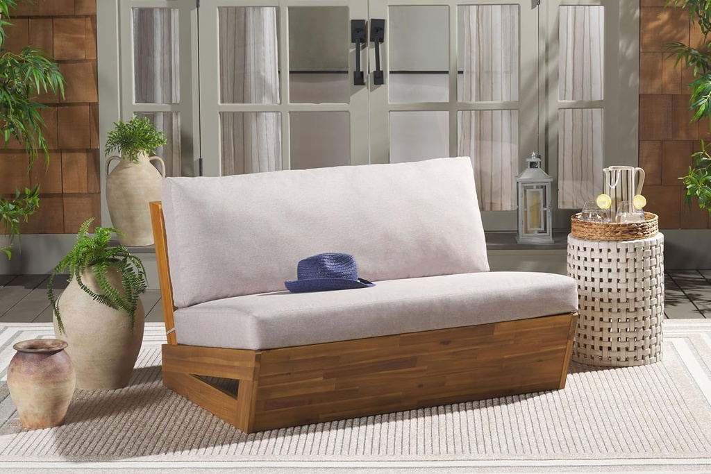 SAFAVIEH Outdoor Collection Dune Natural/Light Grey Solid Wood Sofa