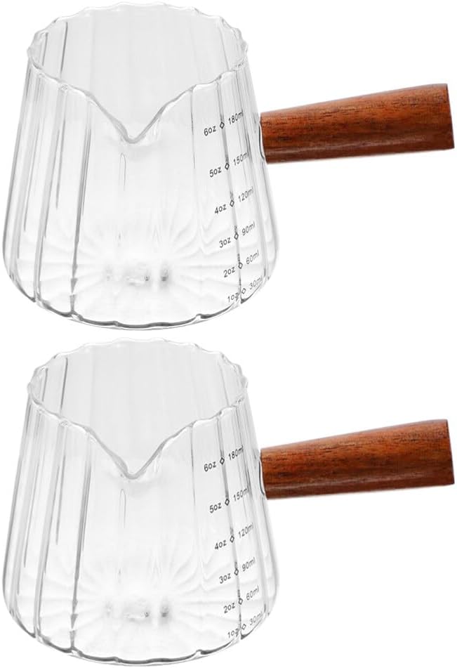 2pcs Glass Espresso Measuring Cup Wooden Handle Capacity Pitcher for Coffee and Practical Frothing Tool for Kitchen Use
