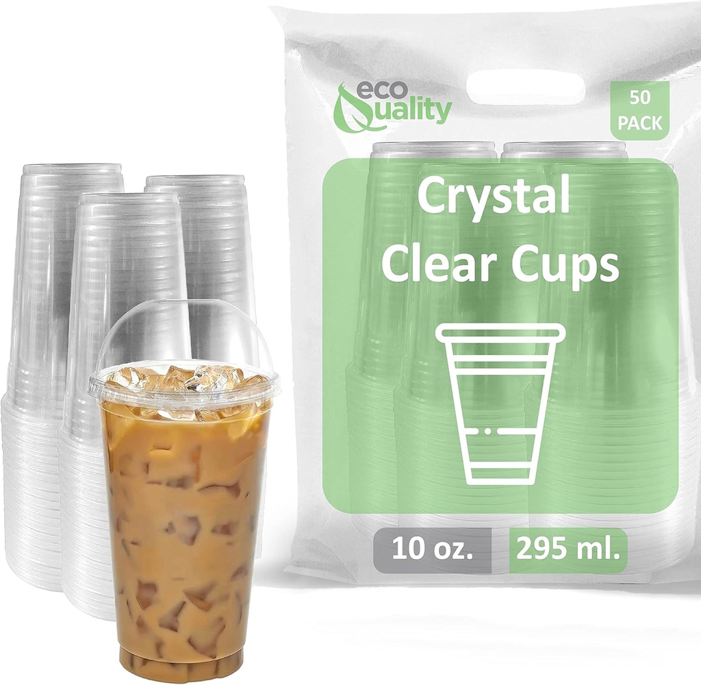 10 oz Cups, 50 Pack | Iced Coffee Go Cups and Dome Lids | Cold Smoothie | Plastic Cups with Dome Lids | Clear Plastic Disposable Pet Cups | Ideal for Coffee, Parfait, Juice, Soda, Cocktail, Party Cups