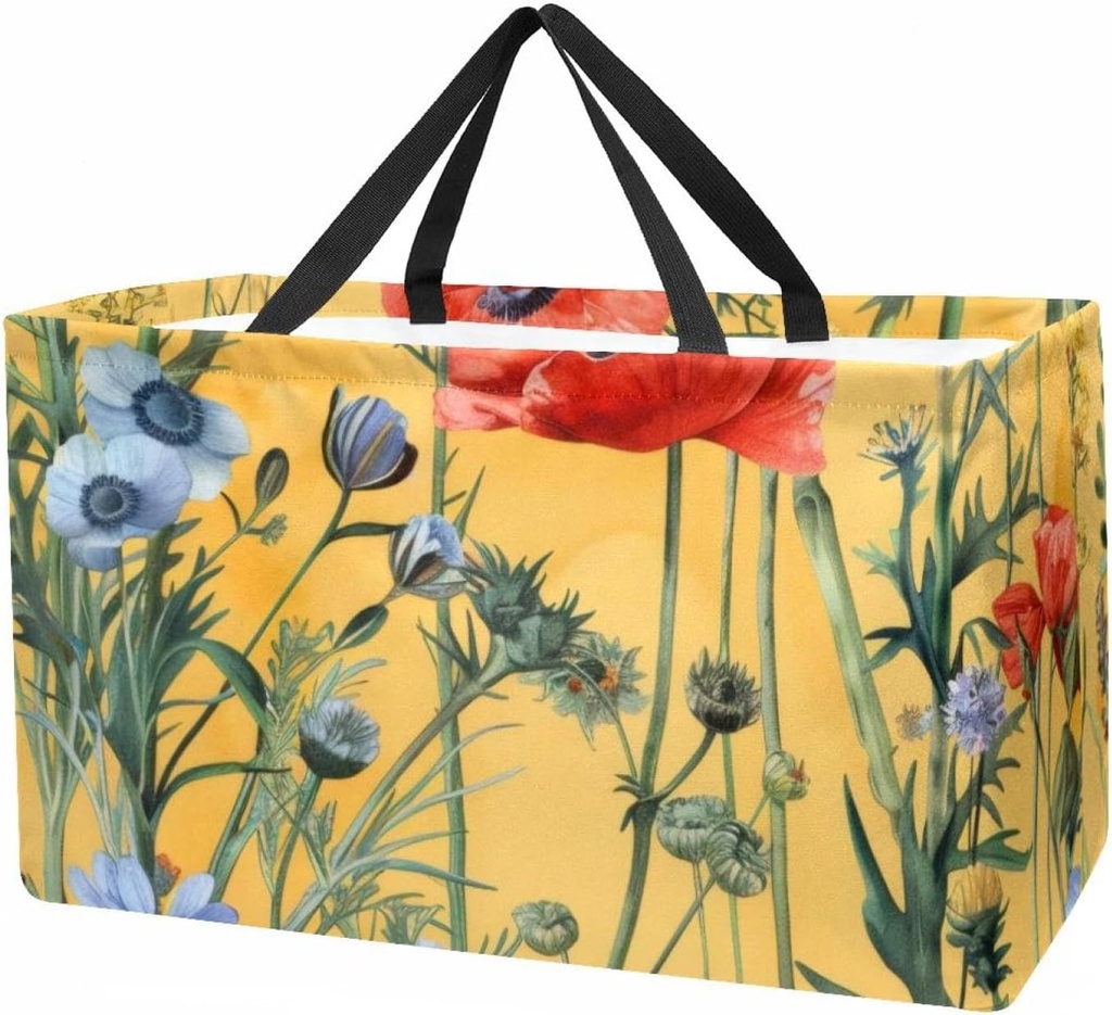 Reusable Grocery Bags for Women Large Watercolor Wild Flowers on Colored Background Shopping Tote Bag for Beach Groceries Picnic