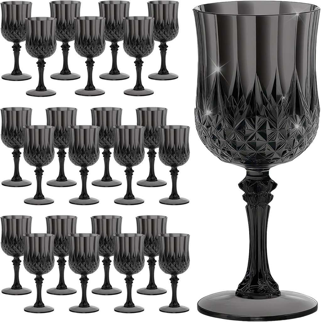 24PCS 7OZ Black Wine Plastic Glasses, Drinking Champagne Glasses Flutes Crystal Vintage Water Unbreakable Goblets for Halloween,Wedding, Parties