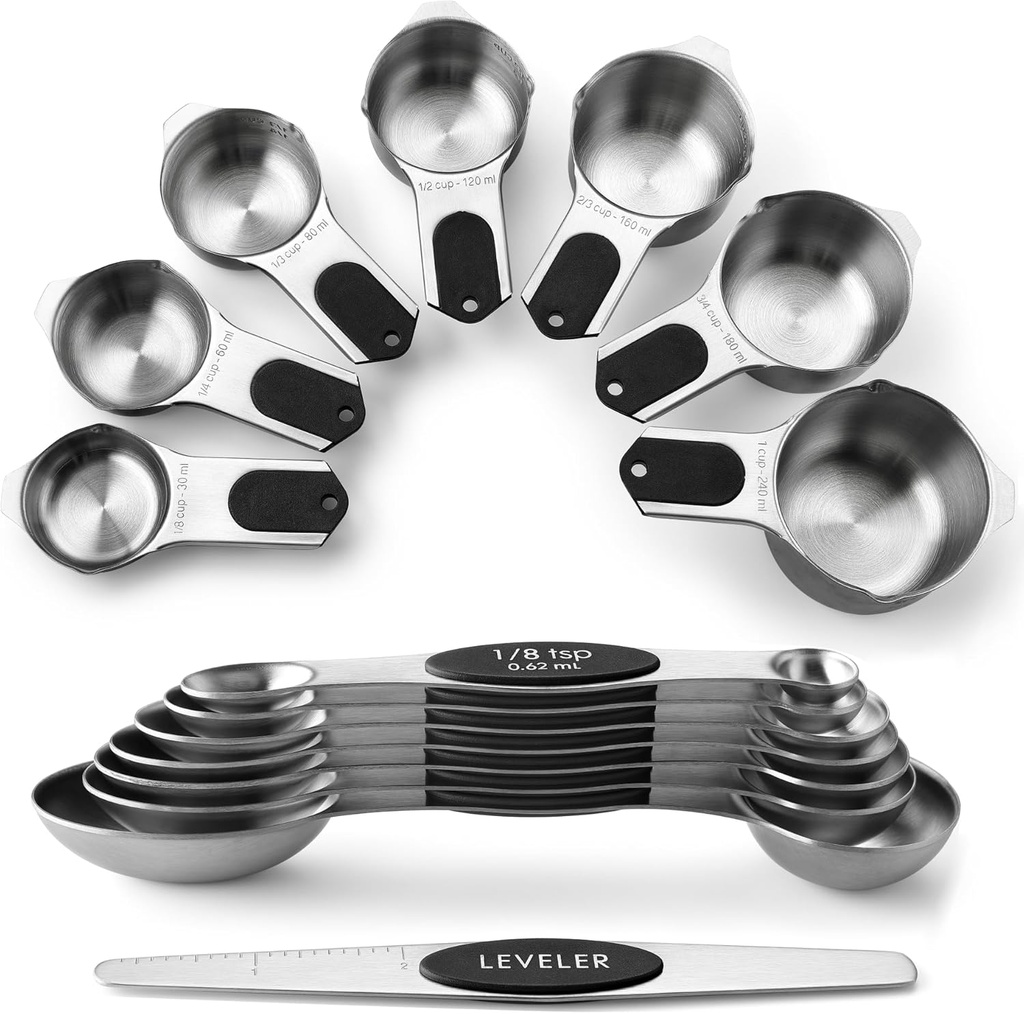 Spring Chef Magnetic Measuring Cups & Spoons Set, Patented, Strong N45 Magnets, Heavy Duty Stainless Steel Fits in Spice Jars for Baking & Cooking, BPA Free, Round Set of 15 with Leveler, Black