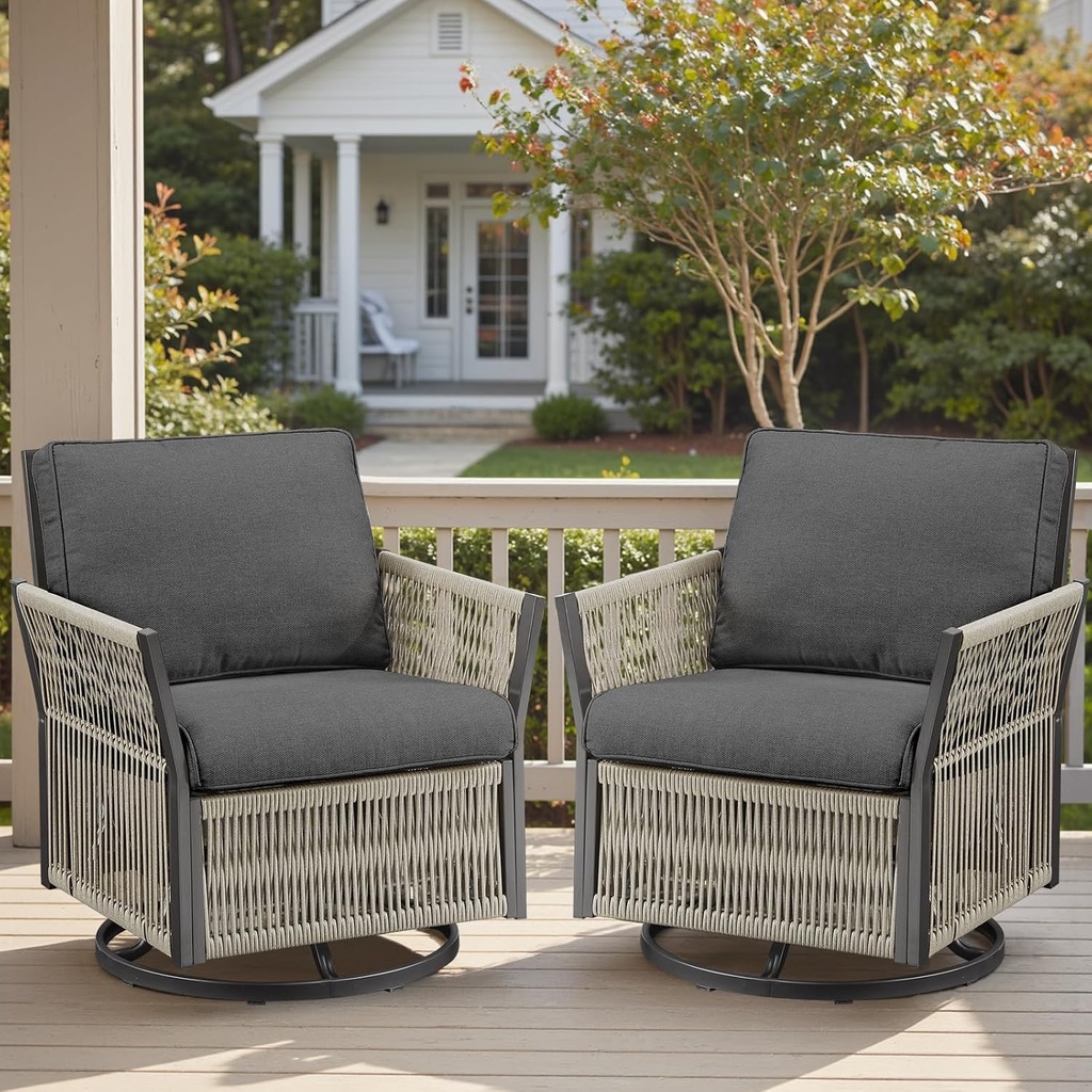 Outdoor Swivel Rocker Patio Chairs-High Back Wicker Swivel Rocker Patio Chairs Set of 2,PE Wicker Chair Outdoor Patio Furniture Sets with Comfy Cushions for Porch Balcony Patio Deck(Gray)