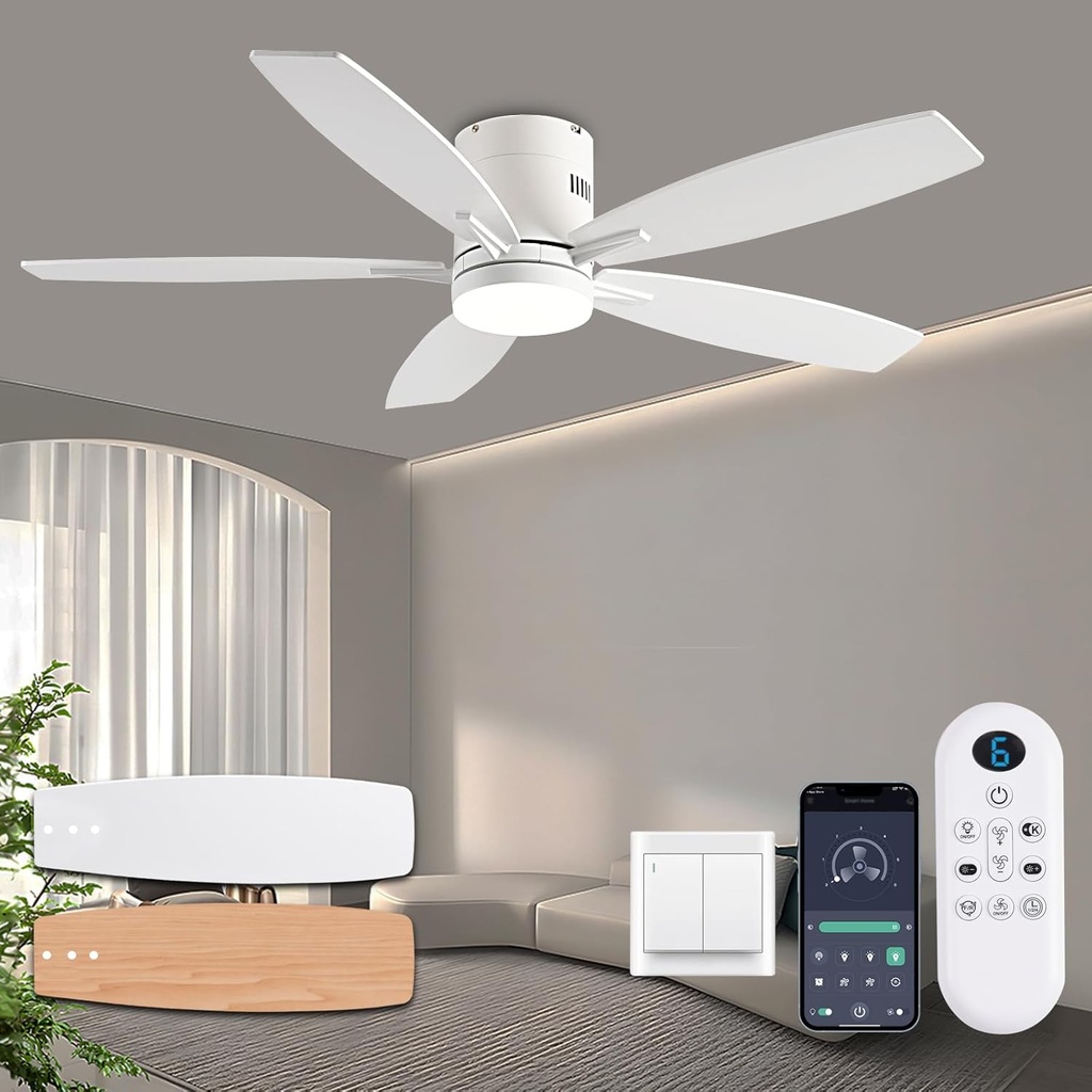 KNUN 52 Inch Flush Mount Ceiling Fan with Light and Remote/App Control,White Ceiling Fans with Lights, 3CCT,Dimmable,Noiseless,Low Profile Ceiling Fan for Indoor/Outdoor Use