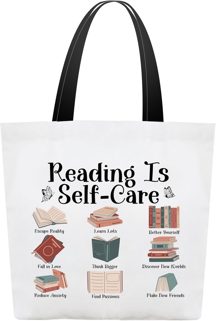 Canvas Book Tote Bag For Women, Reading Is Self-Care Shoulder Bag, Bookish Gifts For Bookworm Librarian Reader Book Lover, Book Club Gifts For Women, Reusable Grocery Bag For Work Travel Study -34