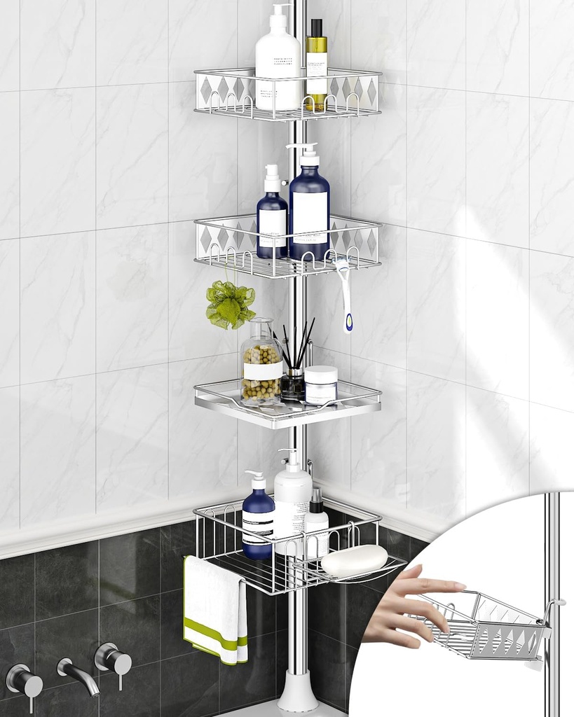 SElRIONE Corner Shower Caddy Tension Pole, Quick Setup, Rust-Free Bathroom Shower Organizer Corner for Bathtub Shampoo Storage, 4-Tier Adjustable Shelf, Drill Free, Fits 34 to 116 Inch Height