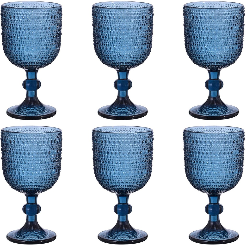 Glasses Drinking Wine Water Goblets Glassware set of 6 Vintage Stem Glasses Stemware 12 Ounces for Wedding Party Bar Twill Pattern Striped 350 ml (Blue)