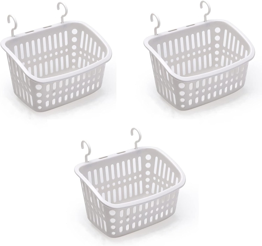 3PCS Plastic Hanging Baskets for Shower, Hanging Basket Organizer with Hooks, Rectangle 10.6Inches Small Hanging Storage Basket (Grey)